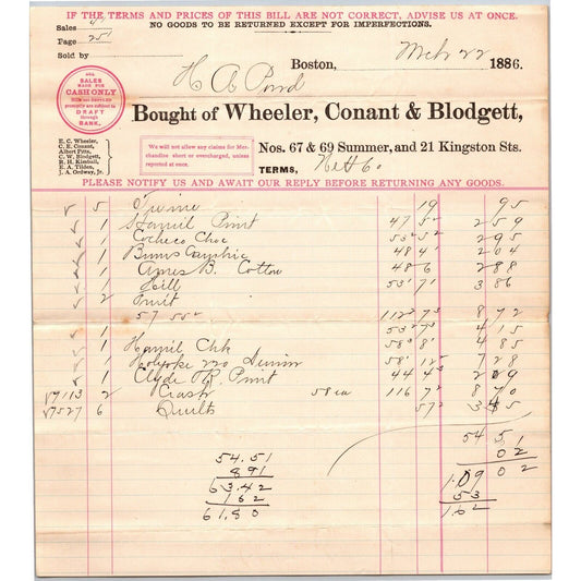 Boston, MA Wheeler, Conant & Blodgett 1886 Billhead w/ Long List of Items