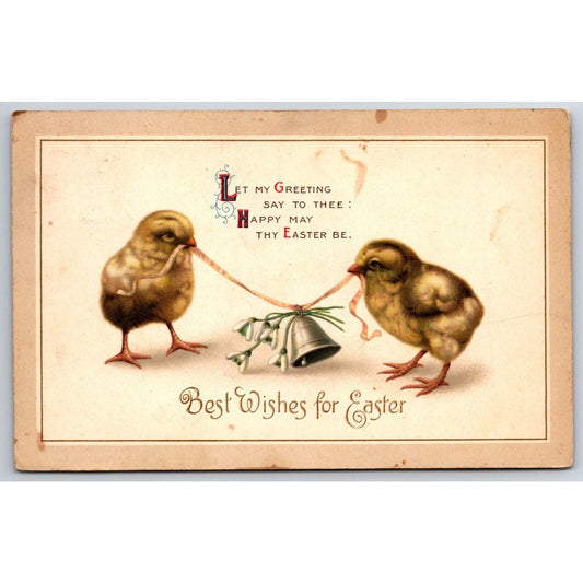 Easter Postcard Baby Chicks Hold String w/ Bell in Beeks / Poem PM 1914