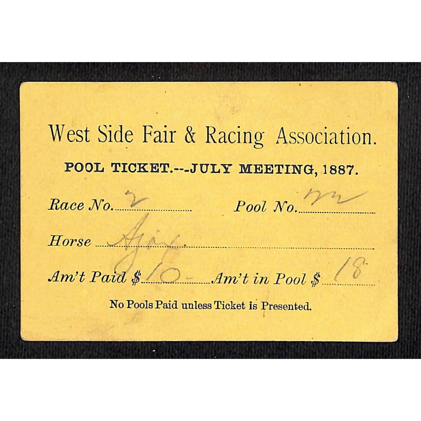 Butte, MT - West Side Fair & Racing Association Pool Ticket 1887 Horse Wager