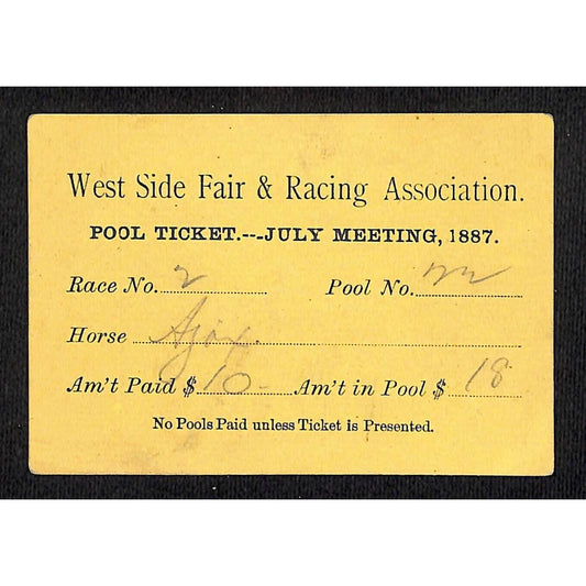 Butte, MT - West Side Fair & Racing Association Pool Ticket 1887 Horse Wager