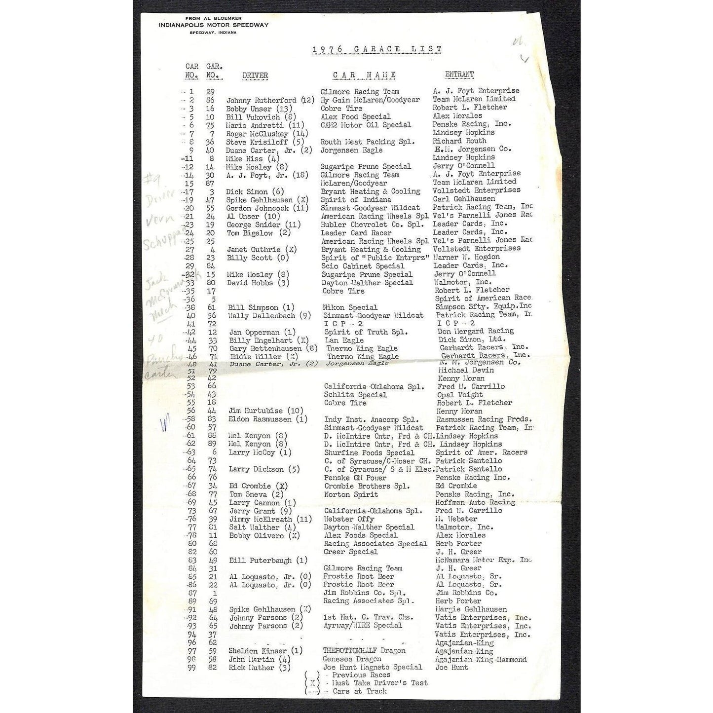 1976 Indy 500 Indianapolis Motor Speedway Garage List Al Bloemker 2pp