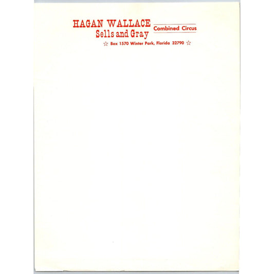 Hagan Wallace Sells and Gray Circus Letterhead c1977 Winter Park Scarce