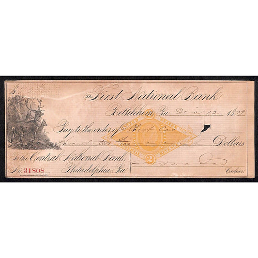 Bethlehem, PA 1879 First National Bank Check #31808 Deer Vignette & Tax Stamp