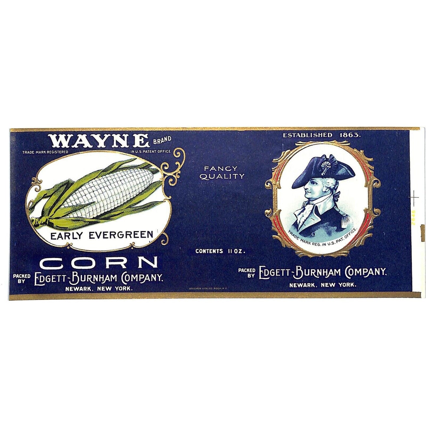 Vintage Paper Label Edgett-Birnham Co. Wayne Brand Corn Newark / New York Emb.