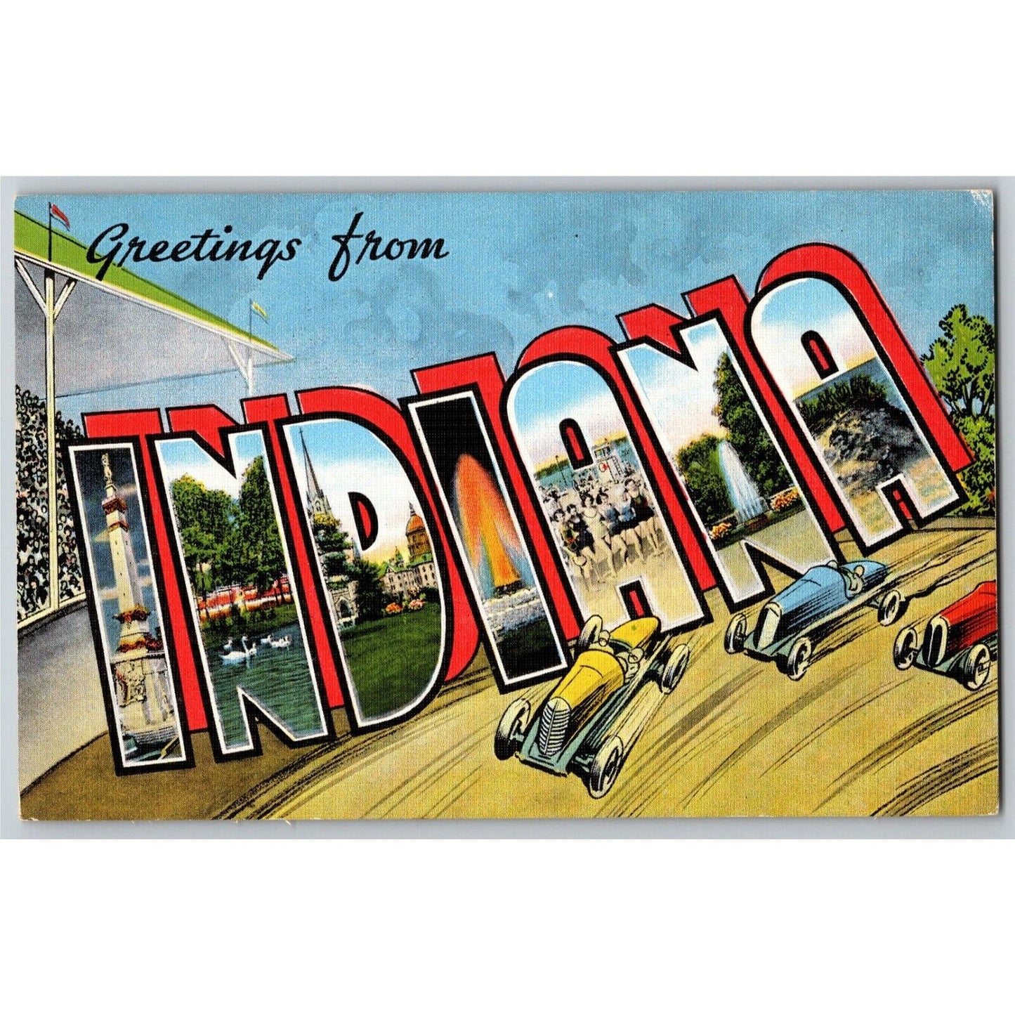 Indy 500 Linen Postcard 1938 "Greetings from Indiana" (E C Kroop) Unposted VGC