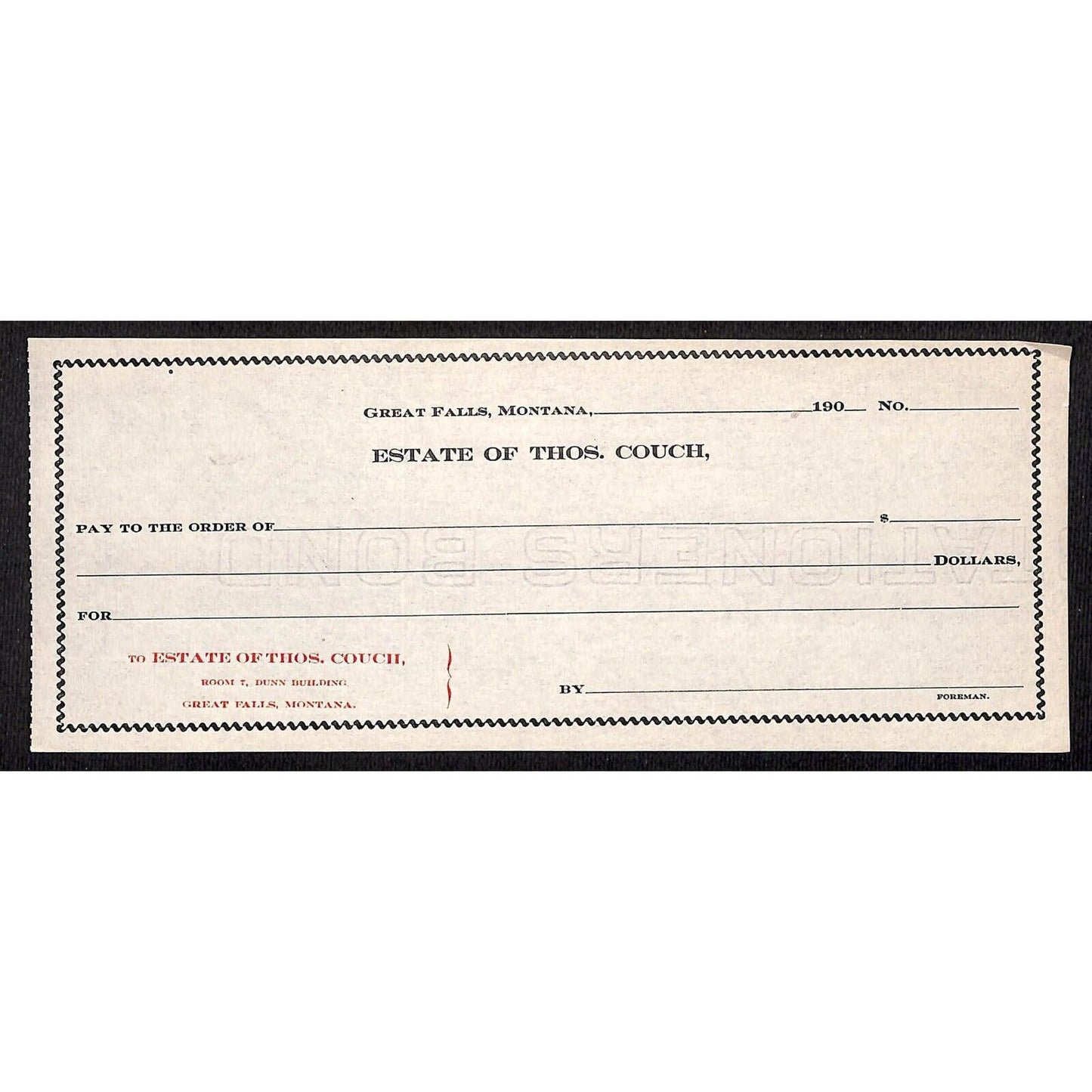 Great Falls Montana c1900-1909 - "Estate of Thos. Couch" Unused Bank Check