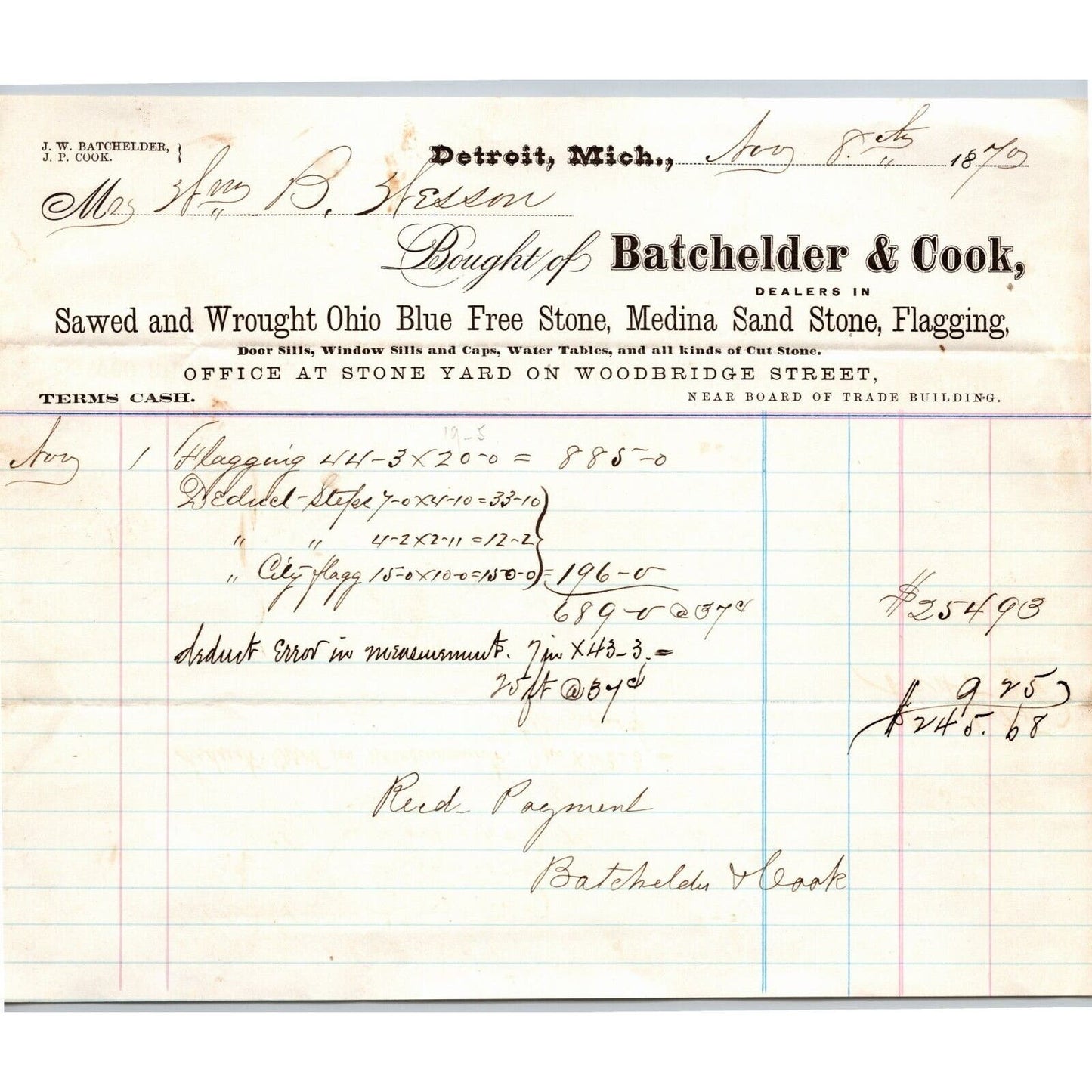 Detroit Letterhead Batchelder & Cook Sawed / Wrought Ohio Blue Free Stone 1879