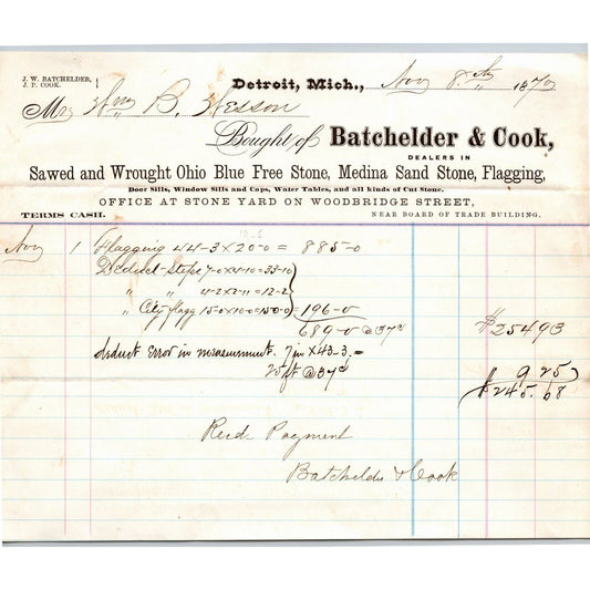 Detroit Letterhead Batchelder & Cook Sawed / Wrought Ohio Blue Free Stone 1879