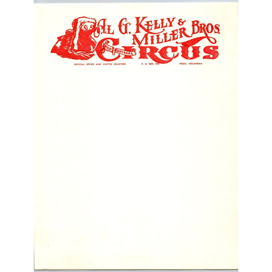 Al G. Kelly and Miller Bros Circus Letterhead Hippo Hugo, OK c1960's Scarce