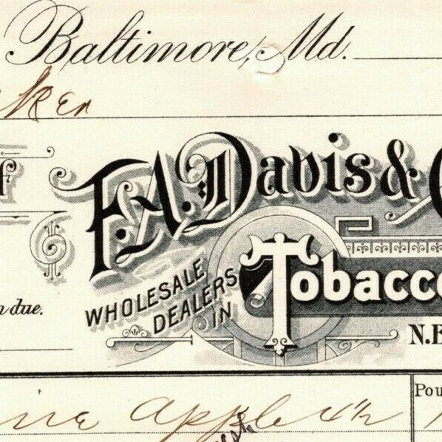 1900 Letterhead F.A. Davis & Co. Tobacco & Cigars Baltimore - Ephraim Baker*