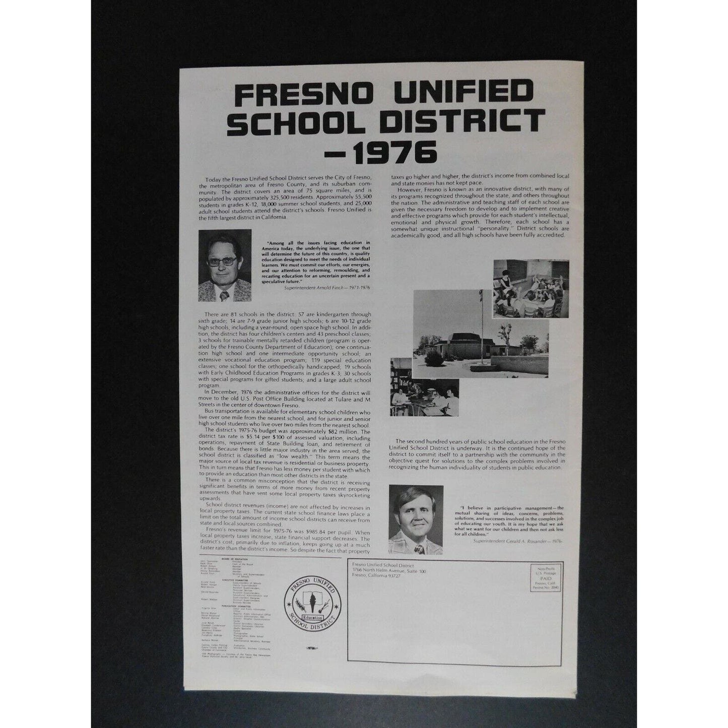 103 Years of Education in Fresno City Public Schools 1873-1976 Large 12pgs NOS
