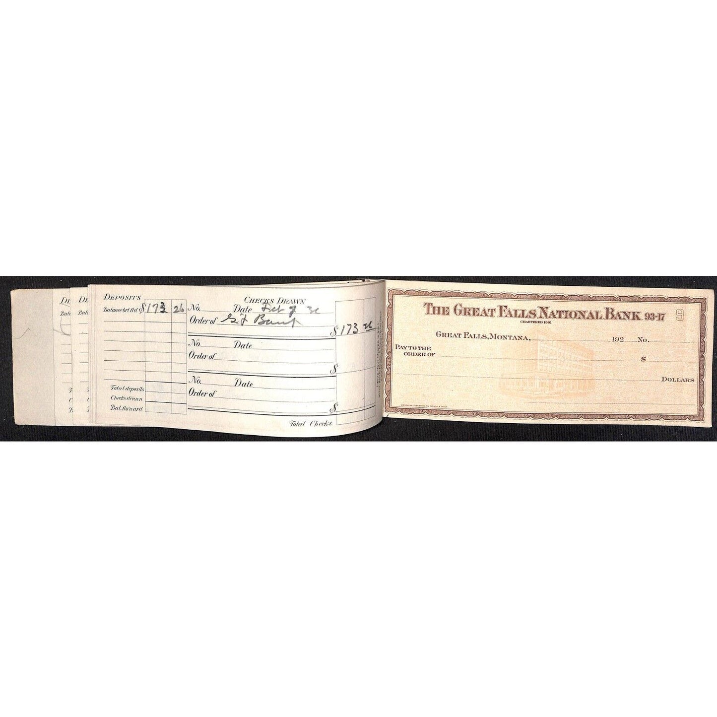 1920's Great Falls National Bank Montana Check Book - w/ 4 Unused Checks - VGC