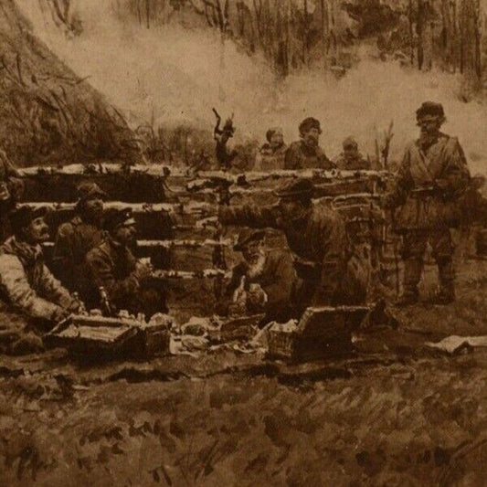 c1914-18 Russian Military Art Postcard - Soldiers Having Lunch Outdoors