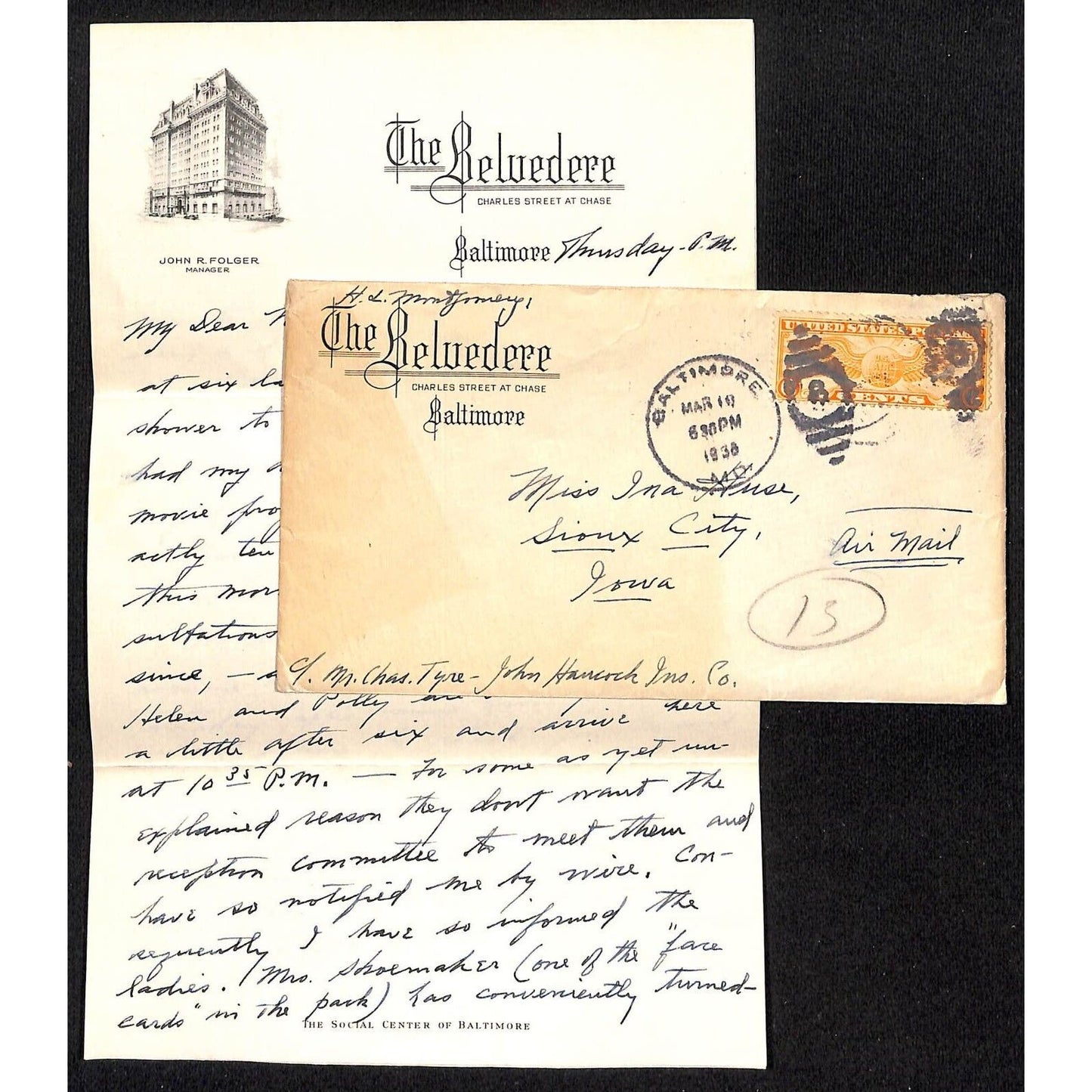 Belvedere Hotel Baltimore Stationary 1938 6 page ALS w/ Cover VGC