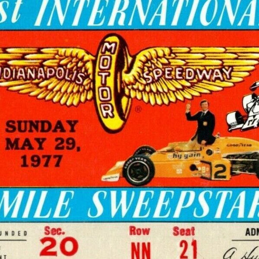 Indy 500 1977 Ticket Stub - "500 Mile Intl. Sweepstakes" $20 Adm. Seat 21