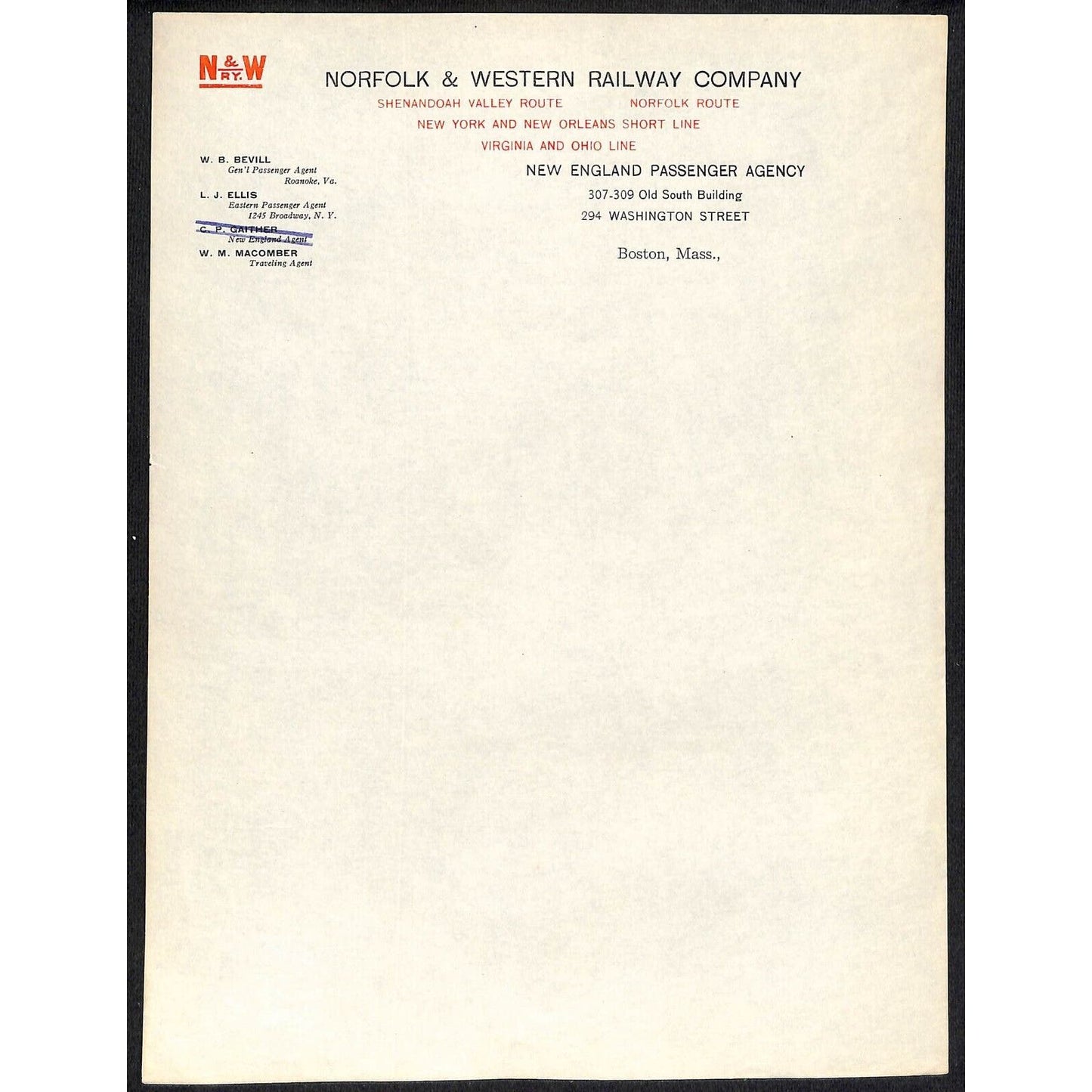 Norfolk & Western Railway Company Railroad New England Boston Letterhead Sheet