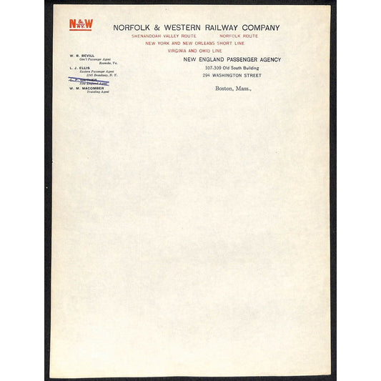 Norfolk & Western Railway Company Railroad New England Boston Letterhead Sheet