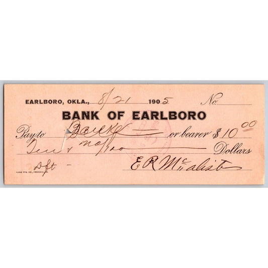 Earlboro, OK Territorial 1905 "Bank of Earlboro" Check Scarce