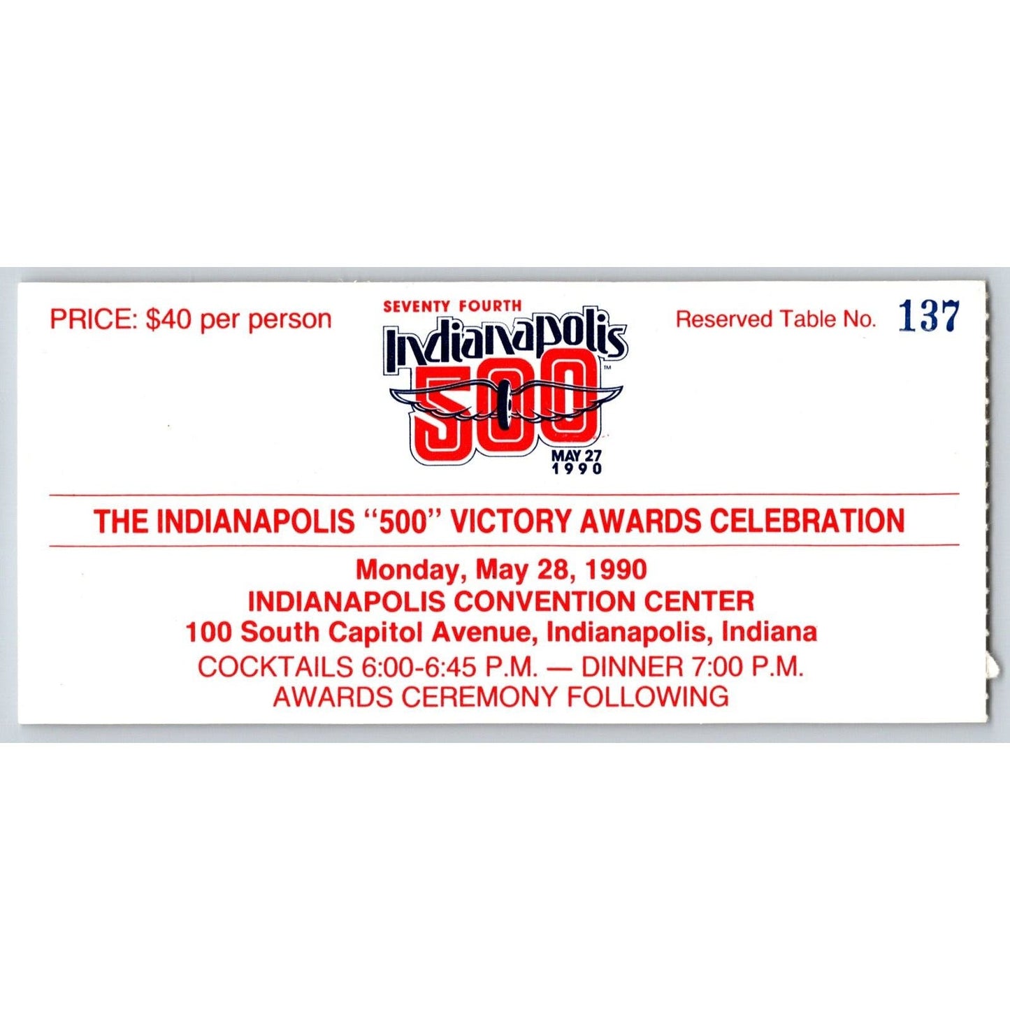 1990 Indianapolis 500 Victory Celebration Dinner Ticket Table 37 Scarce