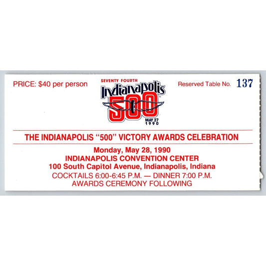 1990 Indianapolis 500 Victory Celebration Dinner Ticket Table 37 Scarce