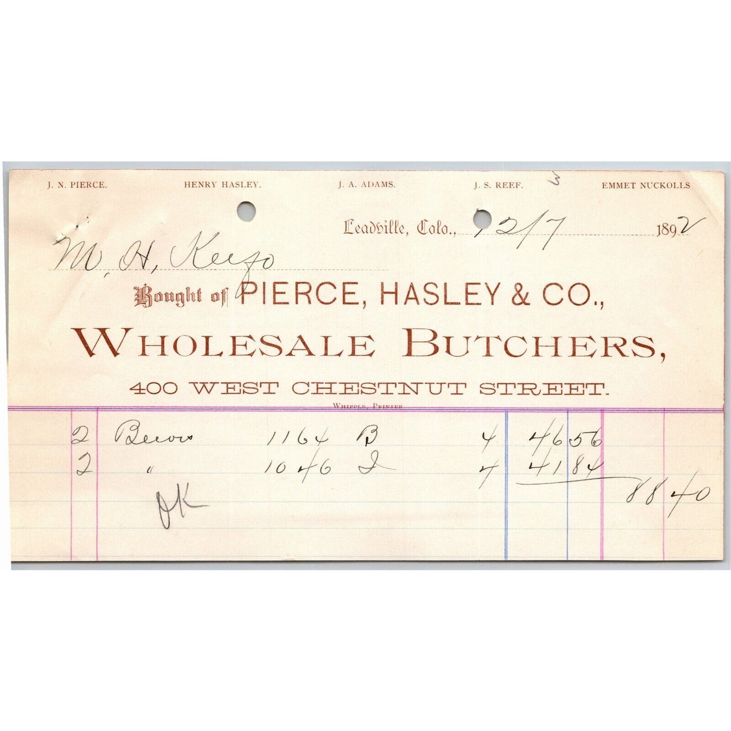 1892 Leadville, CO Pierce, Halsey & Co Wholesale Butchers Letterhead M.H. Keefe