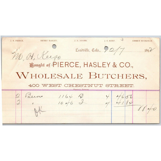 1892 Leadville, CO Pierce, Halsey & Co Wholesale Butchers Letterhead M.H. Keefe