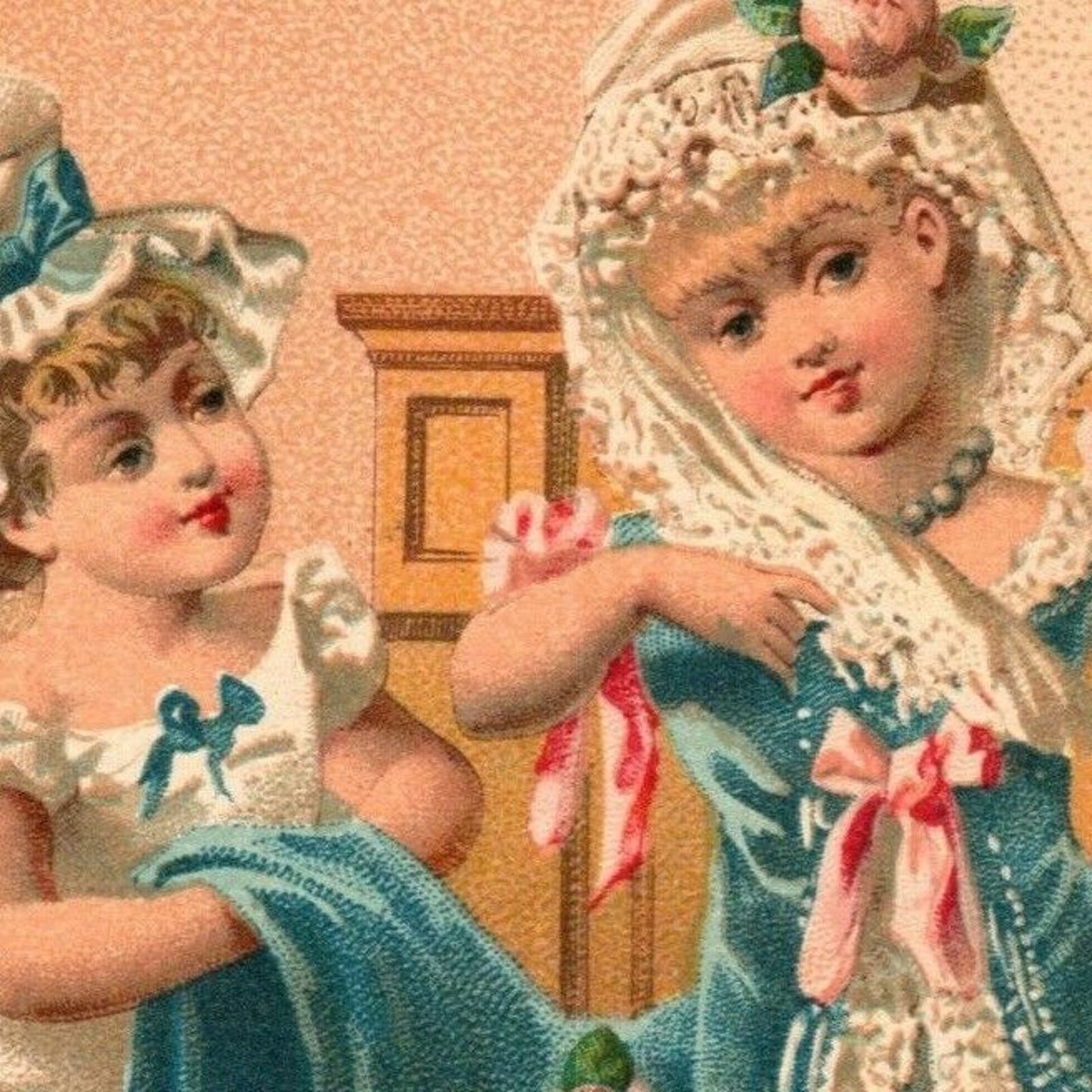 French Victorian Trade Card - 1889 Exposition Universelle - 2 Girls w/ Dress