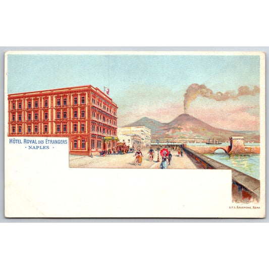 Italian Postcard Naples "Royal Hotel for Foreigners" w/ Busy Street c1901-1907