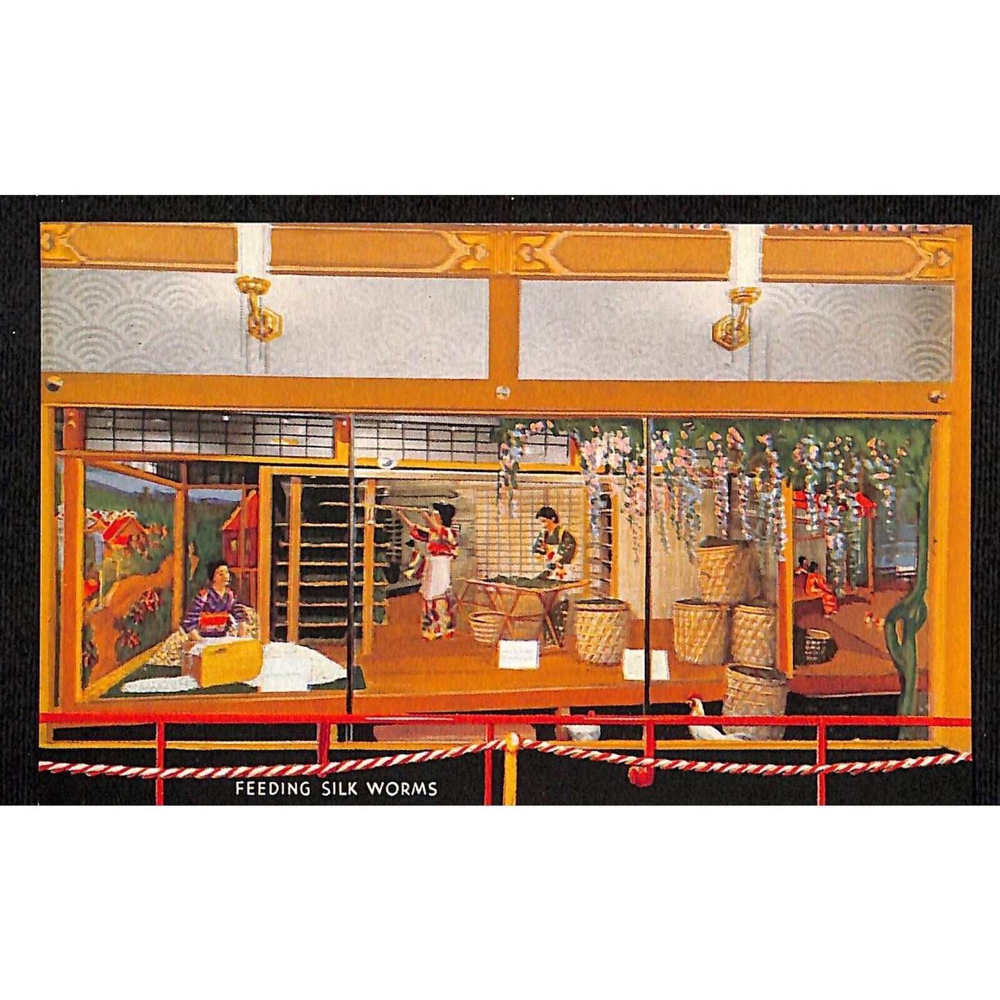 Japanese Pavilion Postcard "Feeding Silk Worms" 1933 Chicago World's Fair