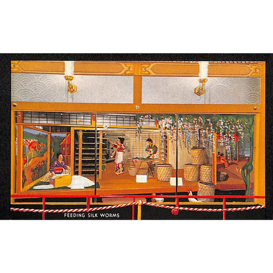 Japanese Pavilion Postcard "Feeding Silk Worms" 1933 Chicago World's Fair