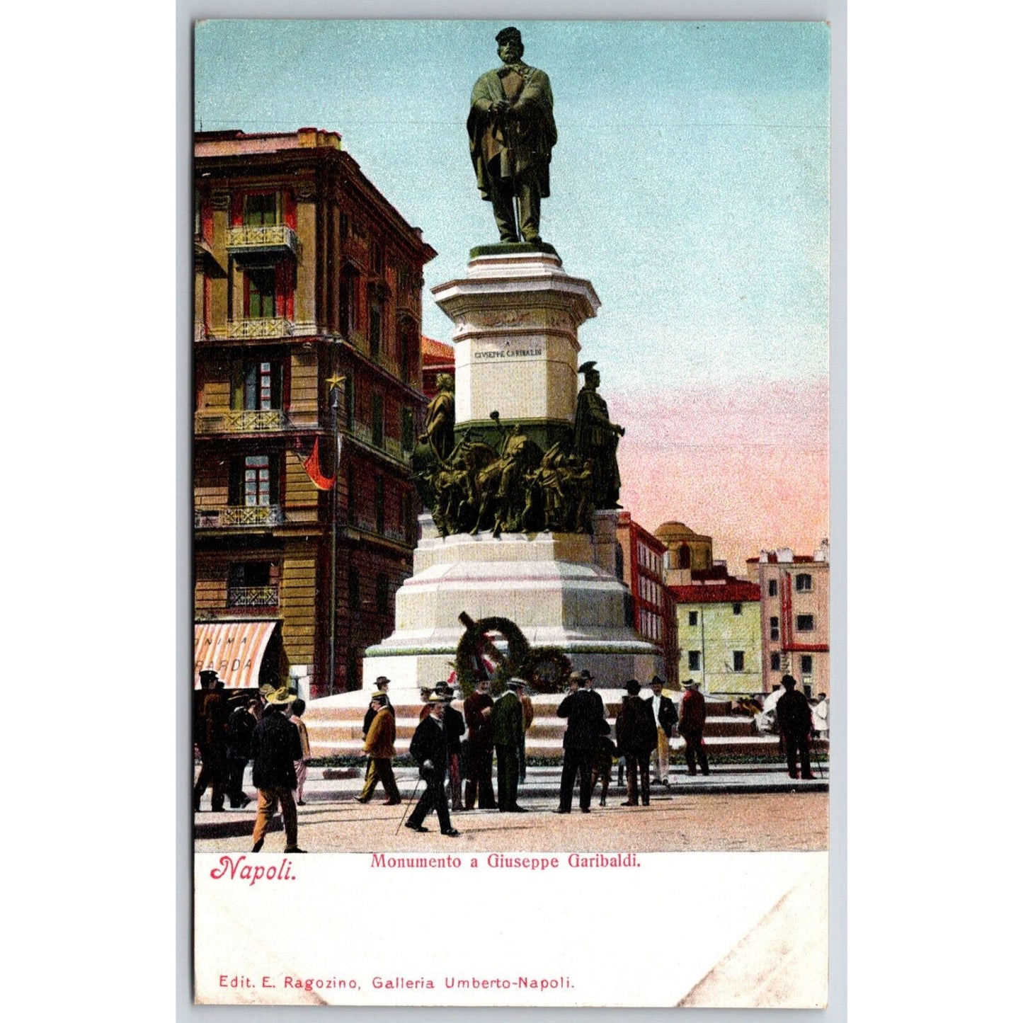 Naples Giuseppe Garibaldi Monument w/ Busy Street Scene Postcard c1901-1907 NP