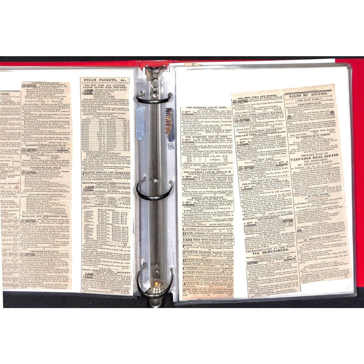 Binder of 140+ Mostly 1851 Railroad & Steam Boat Schedule Newspaper Clippings