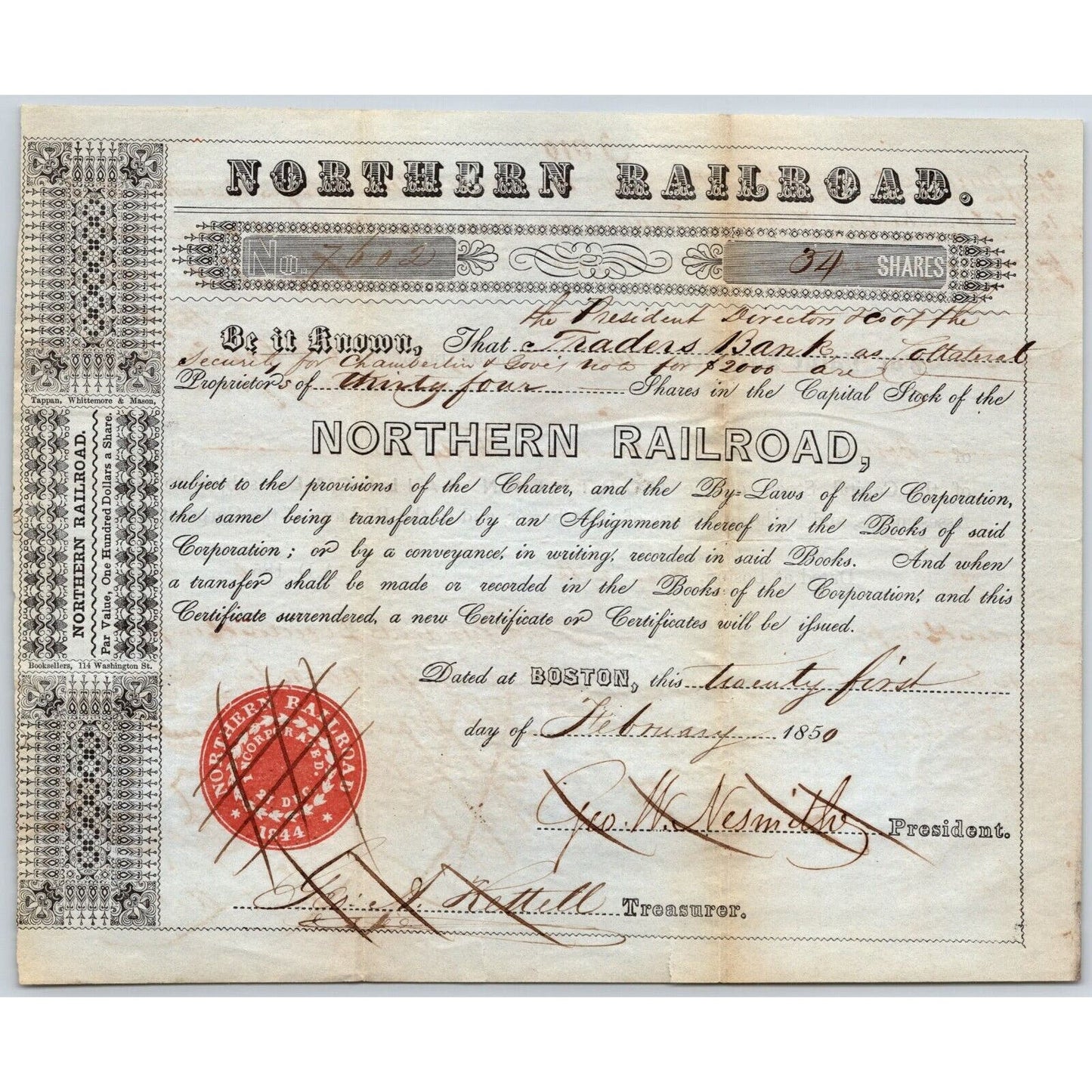 1850 Boston, MA Northern Railroad Stock Certificate No. 7602 for 34 Shares