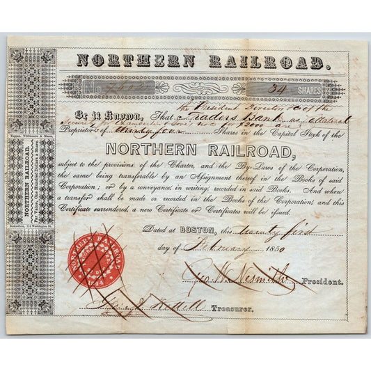 1850 Boston, MA Northern Railroad Stock Certificate No. 7602 for 34 Shares