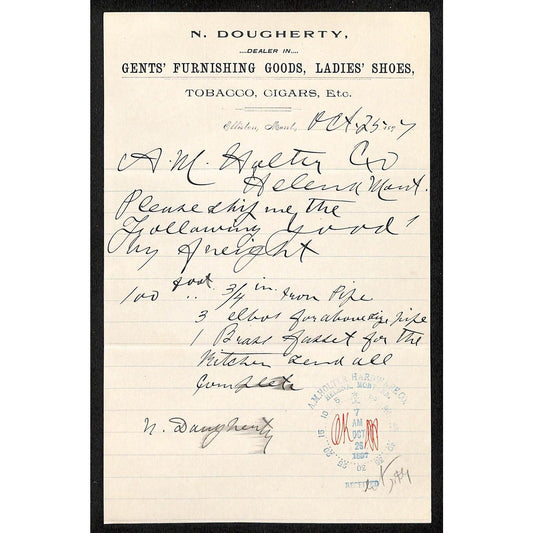 Elliston, MT N. Dougherty Tobacco Cigars Oct. 25 1897 Billhead