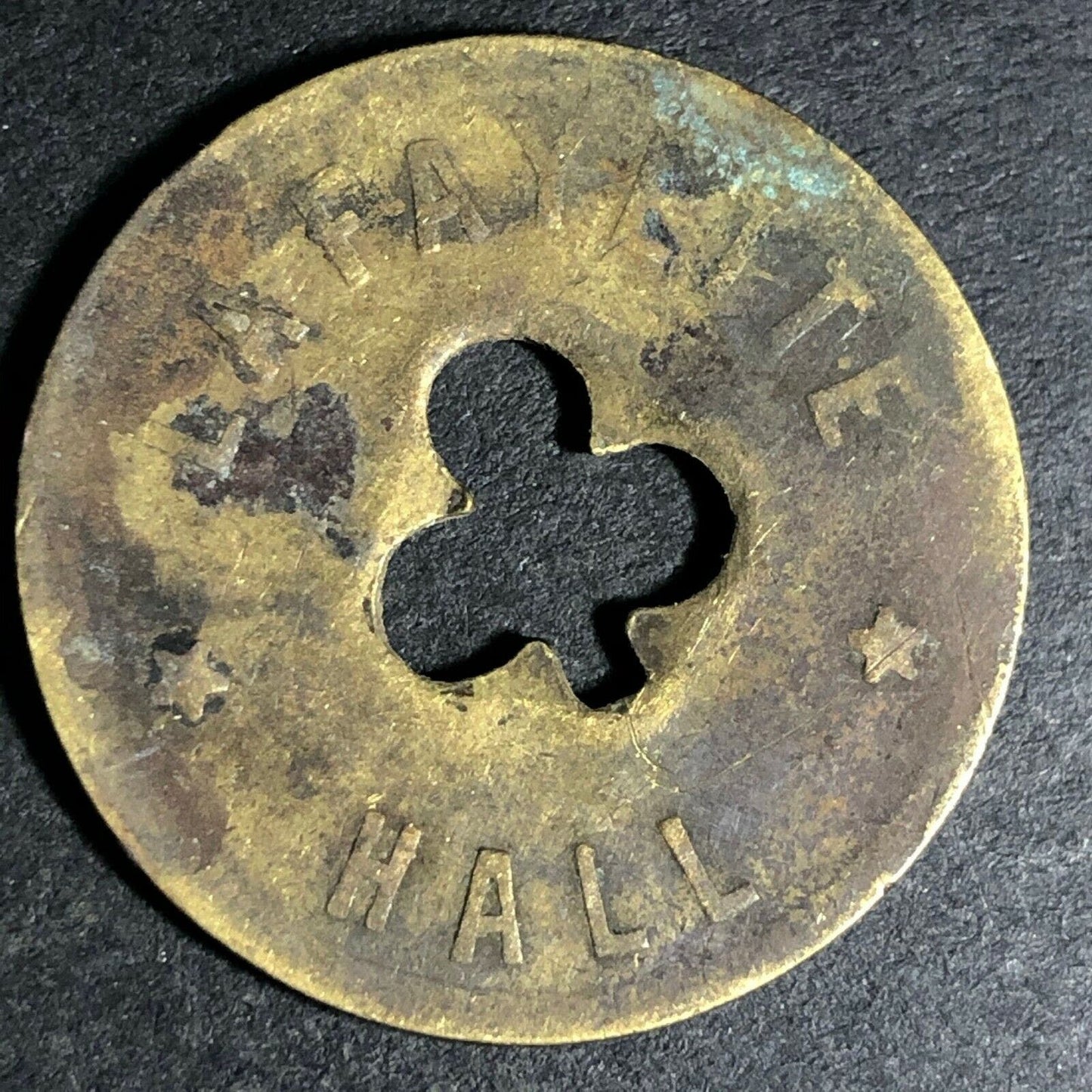 24.5mm Brass Lafayette Hall (Saloon Sacramento, CA) Token Clover Shamrock (#31)