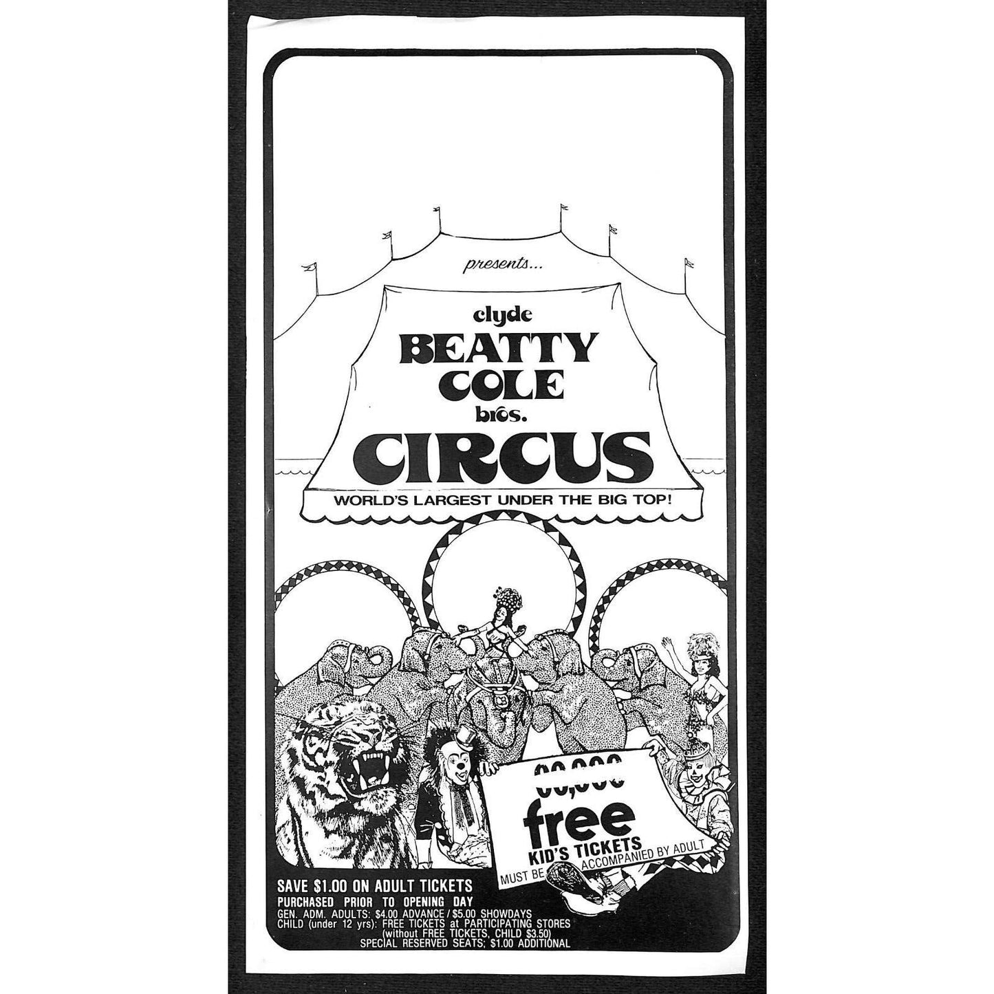 Clyde Beatty Cole Bros. Circus "Free Kid's Tickets" c1960's Flyer / Broadside