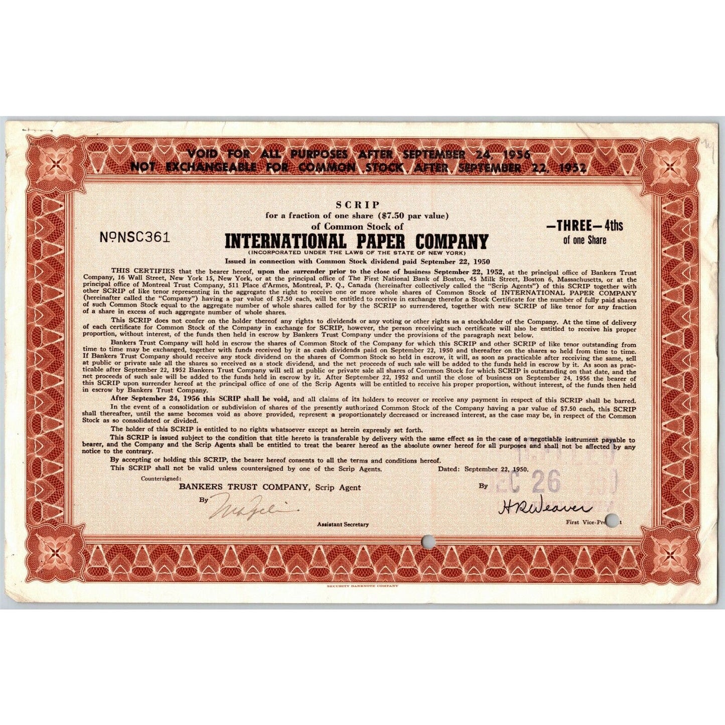 Vintage 1950 Stock / Scrip Certificate - "International Paper Company"