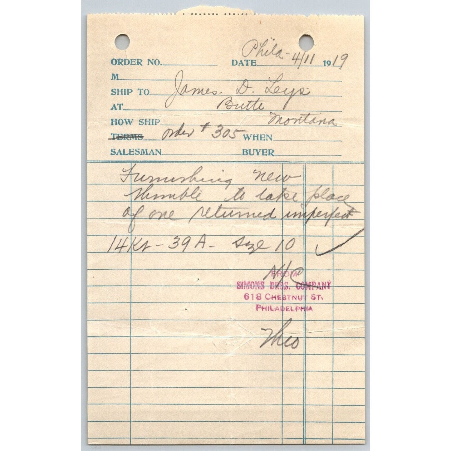 Simons Bros. Co. Philadelphia 1919 "Leys" Butte, MT Billhead Receipt