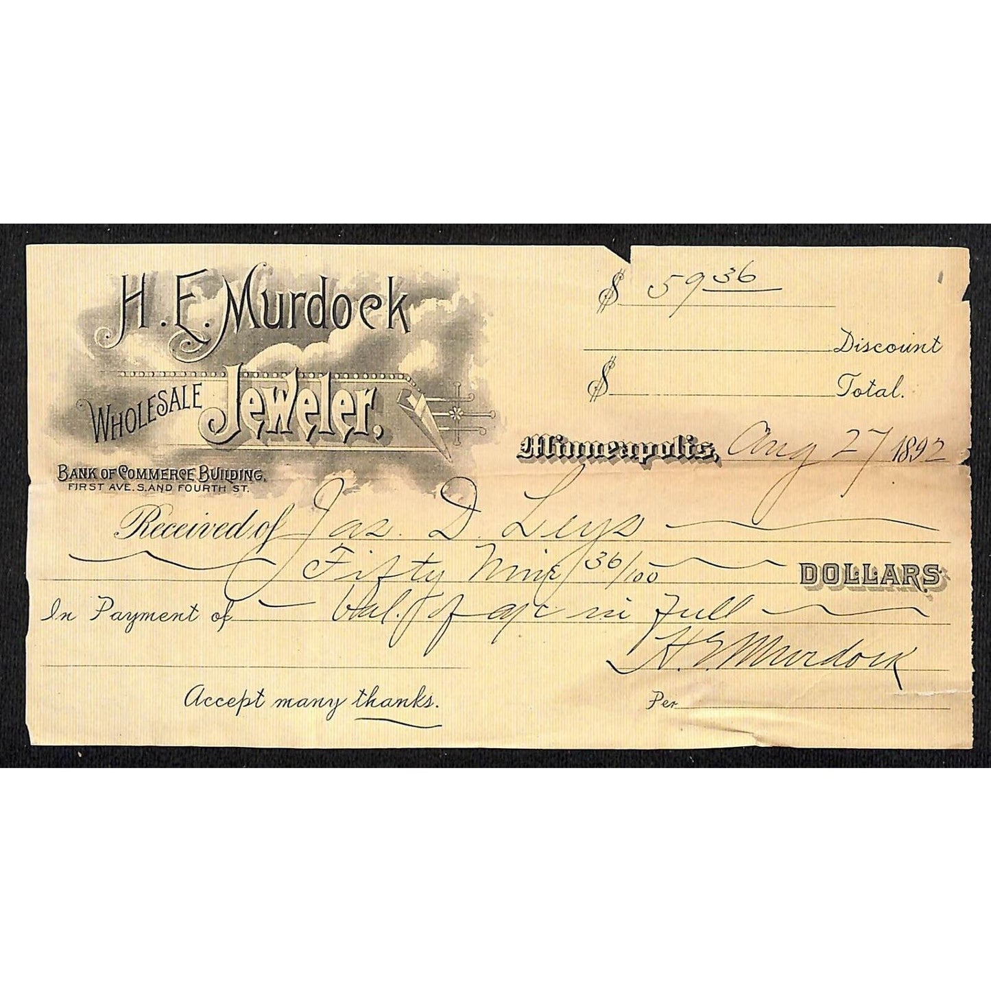 H.F. Murdock Wholesale Jeweler Minneapolis 1892 Bank Check - Scarce