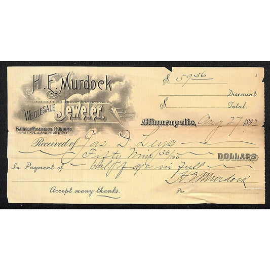 H.F. Murdock Wholesale Jeweler Minneapolis 1892 Bank Check - Scarce