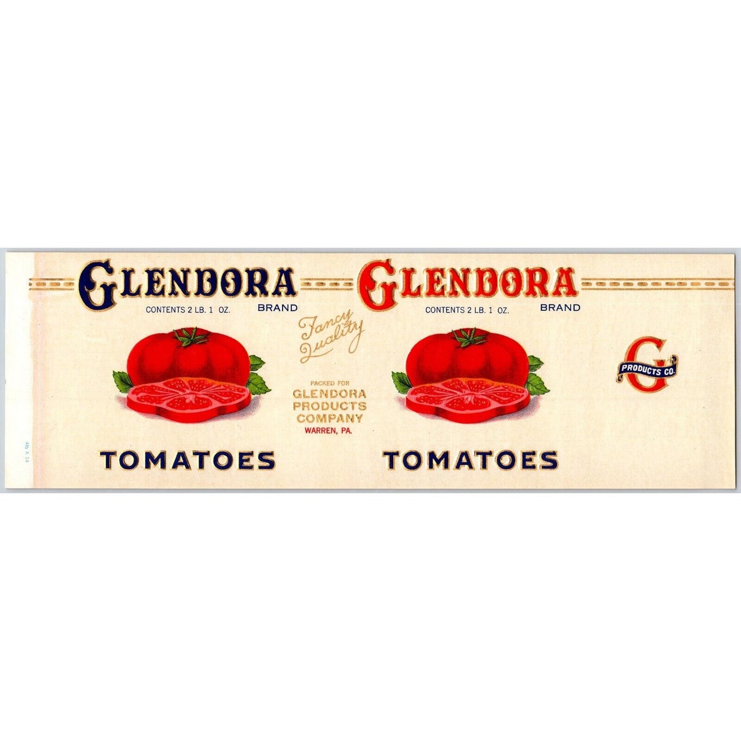 Glendora Tomatoes Paper Can Label Warren, PAc1920's Embossed w/ Gold Ink VGC