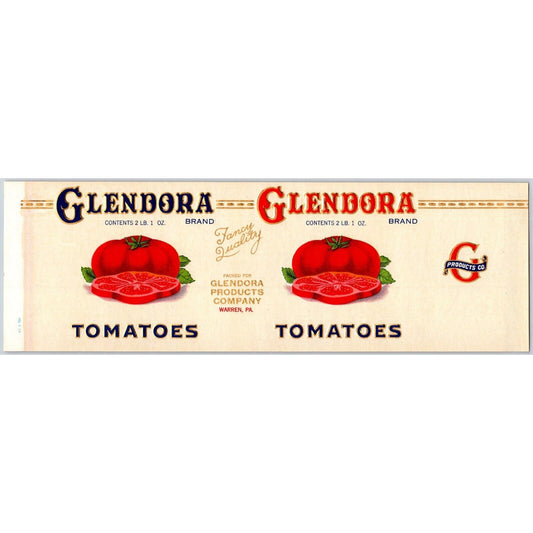 Glendora Tomatoes Paper Can Label Warren, PAc1920's Embossed w/ Gold Ink VGC