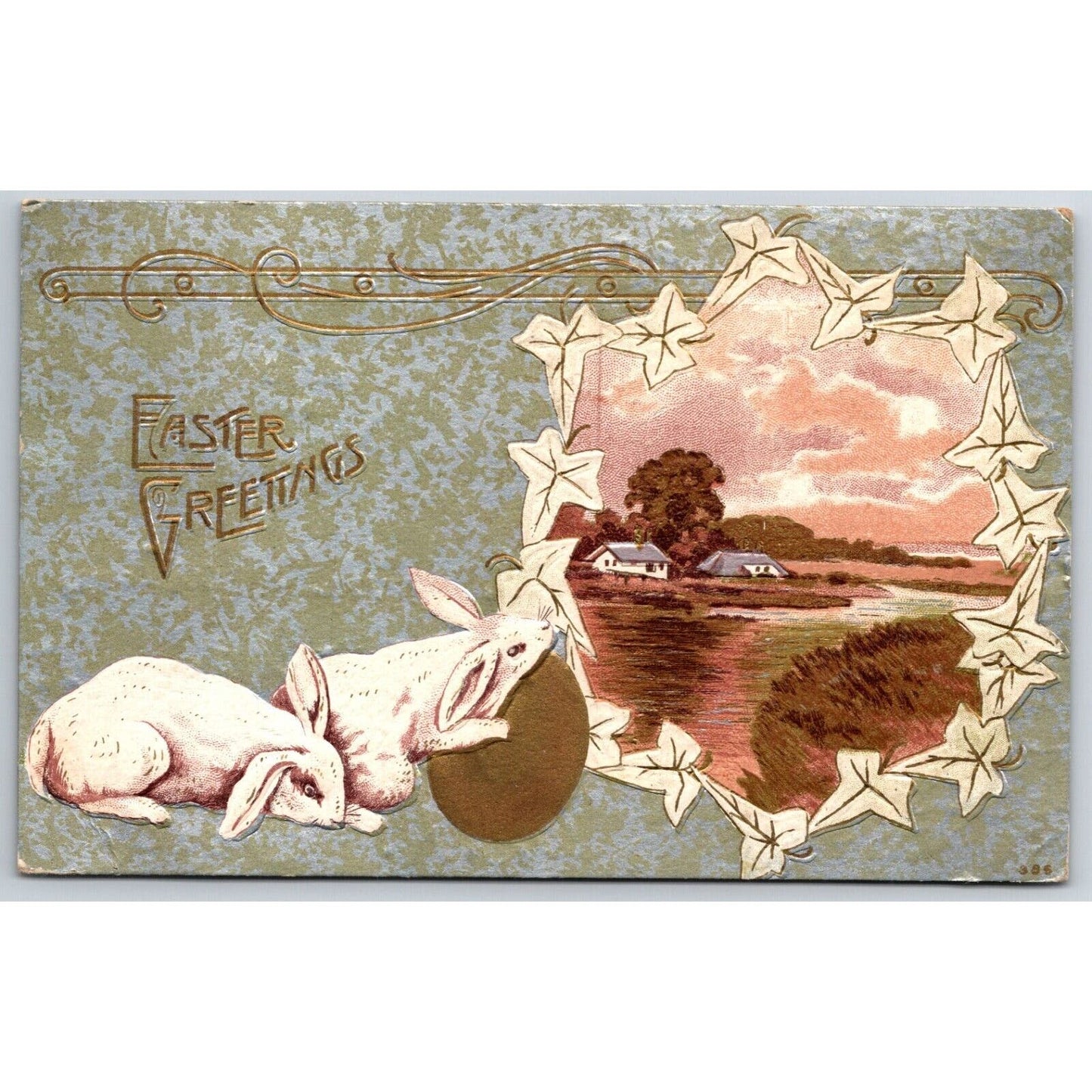 Easter Postcard "Easter Greetings" Bunny Rabbit Egg Home Scene EMB. PM c1911