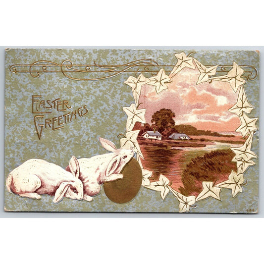 Easter Postcard "Easter Greetings" Bunny Rabbit Egg Home Scene EMB. PM c1911