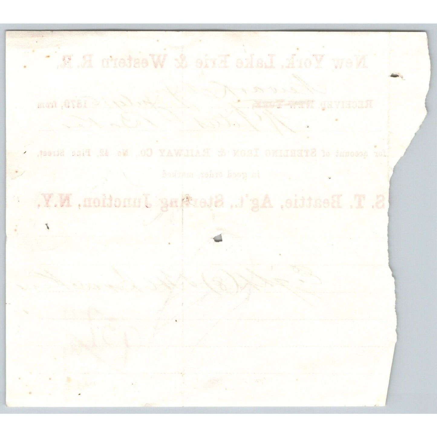 New York, Lake Erie & Western RR 1879 Railroad Freight Billhead Barrel Crackers
