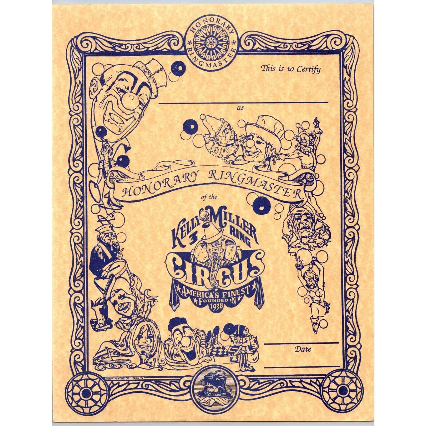 Kelly Miller 3 Ring Circus "Honorary Ringmaster" Certificate Letterhead c1970s