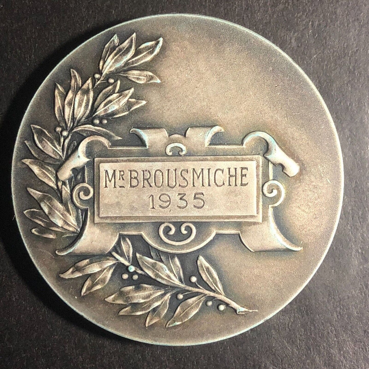 1935 French Police Award Medal Disaster Mr. Brousmiche 48mm Silvered 54g Scarce