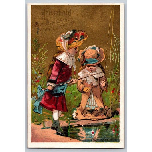 Girls w/ Fancy Hats Fishing Victorian Trade Card Household Sewing Machines