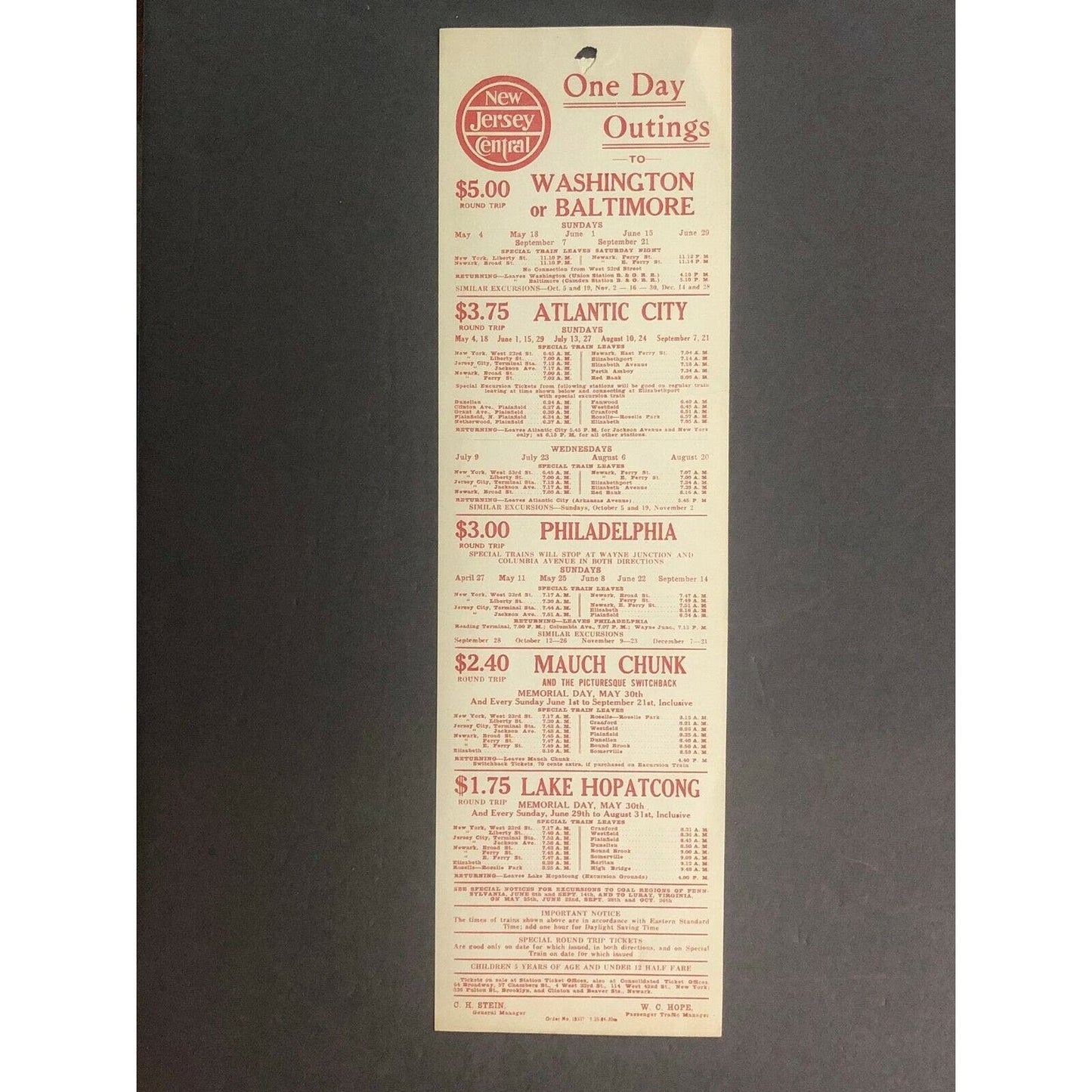 Vintage c1924 New Jersey Central RR Broadside "One Day Outings" DC AC Philly ++